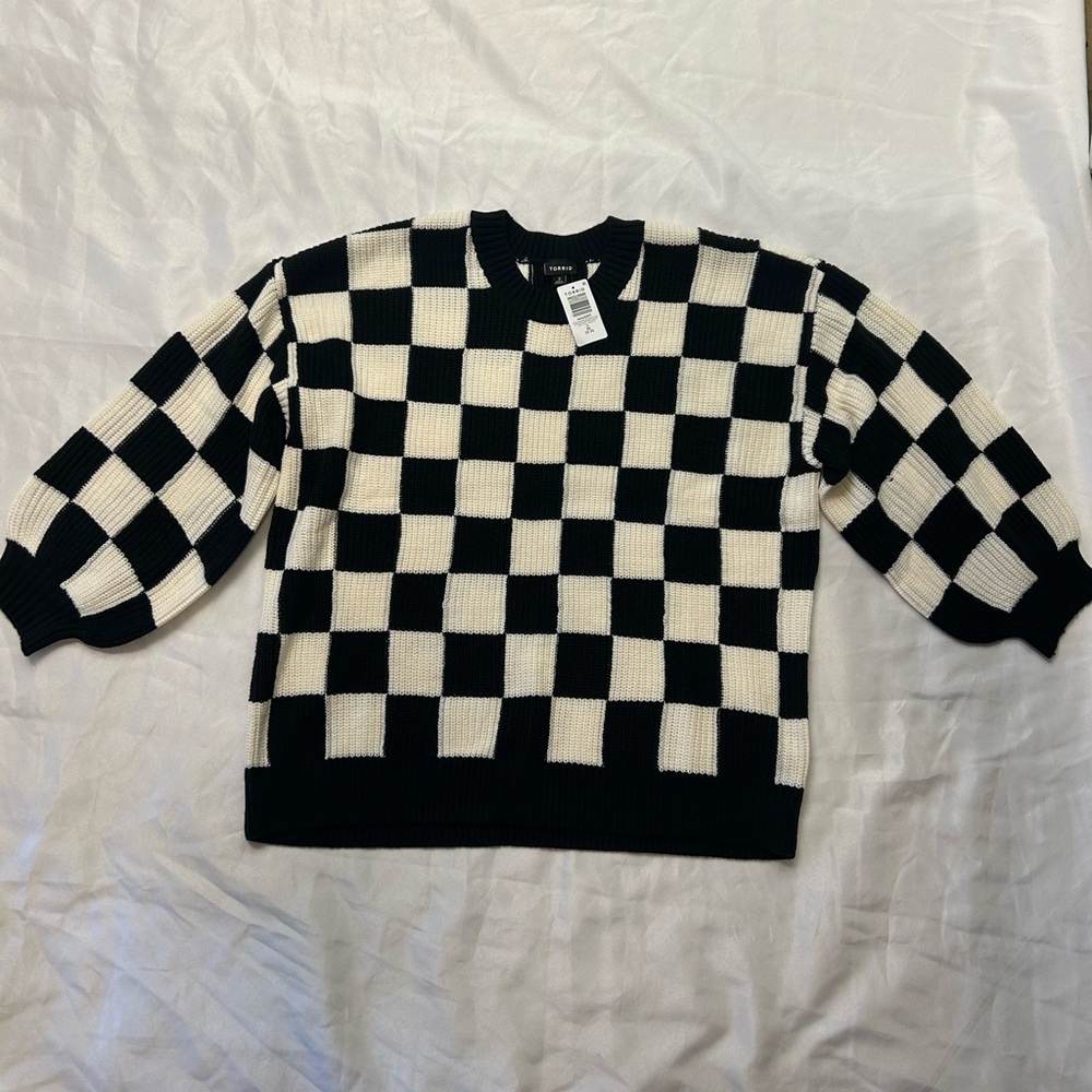 NWT Torrid 3 Distressed Drop Shoulder Pullover Checkered Sweater